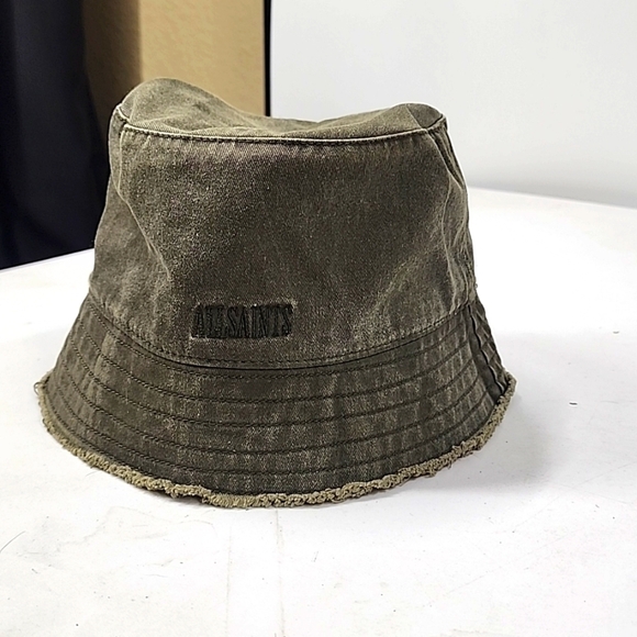 AllSaints Frayed Edge Bucket Hat Olive Green Spellout